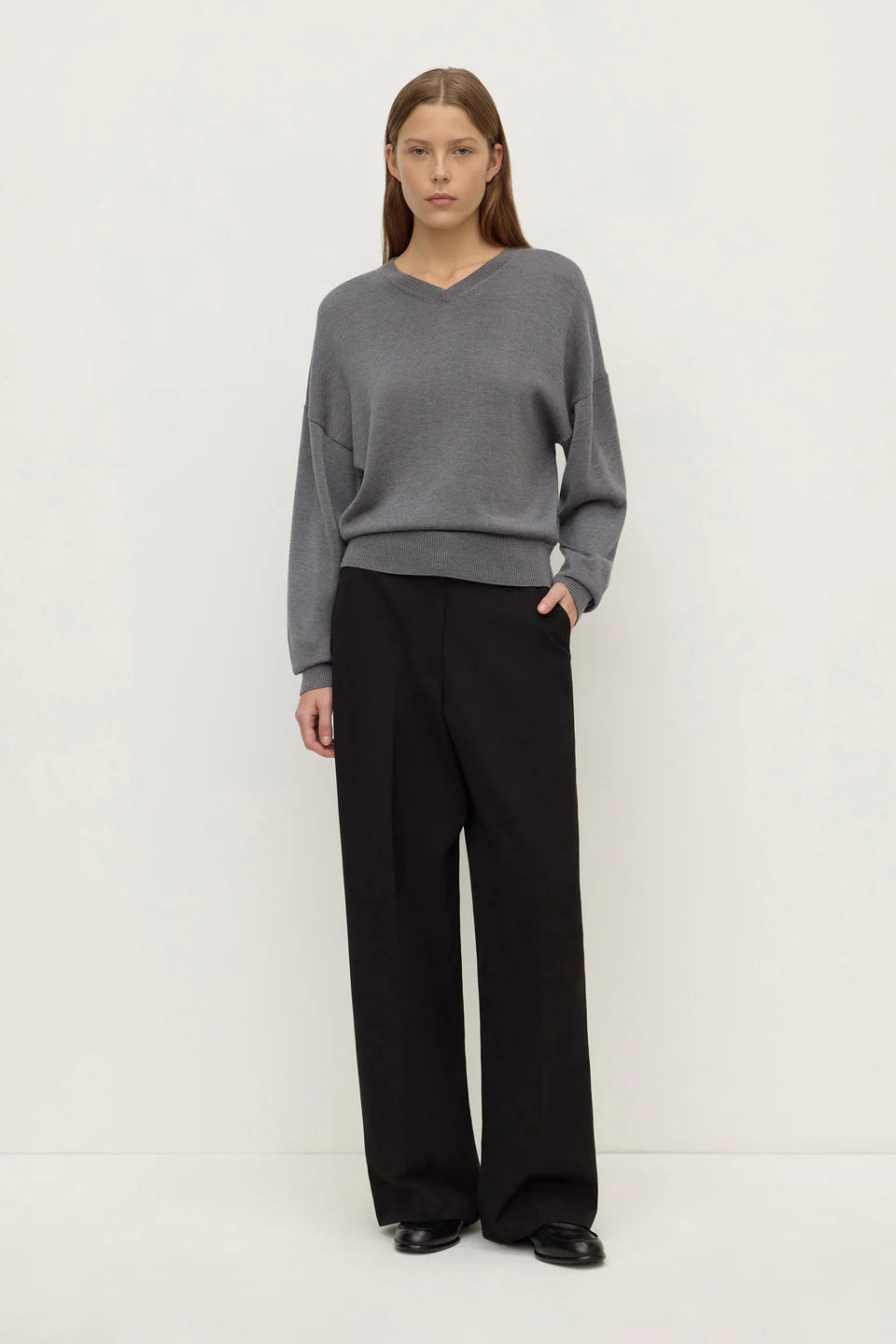 Mira V Neck Sweater - Dark Grey Marle