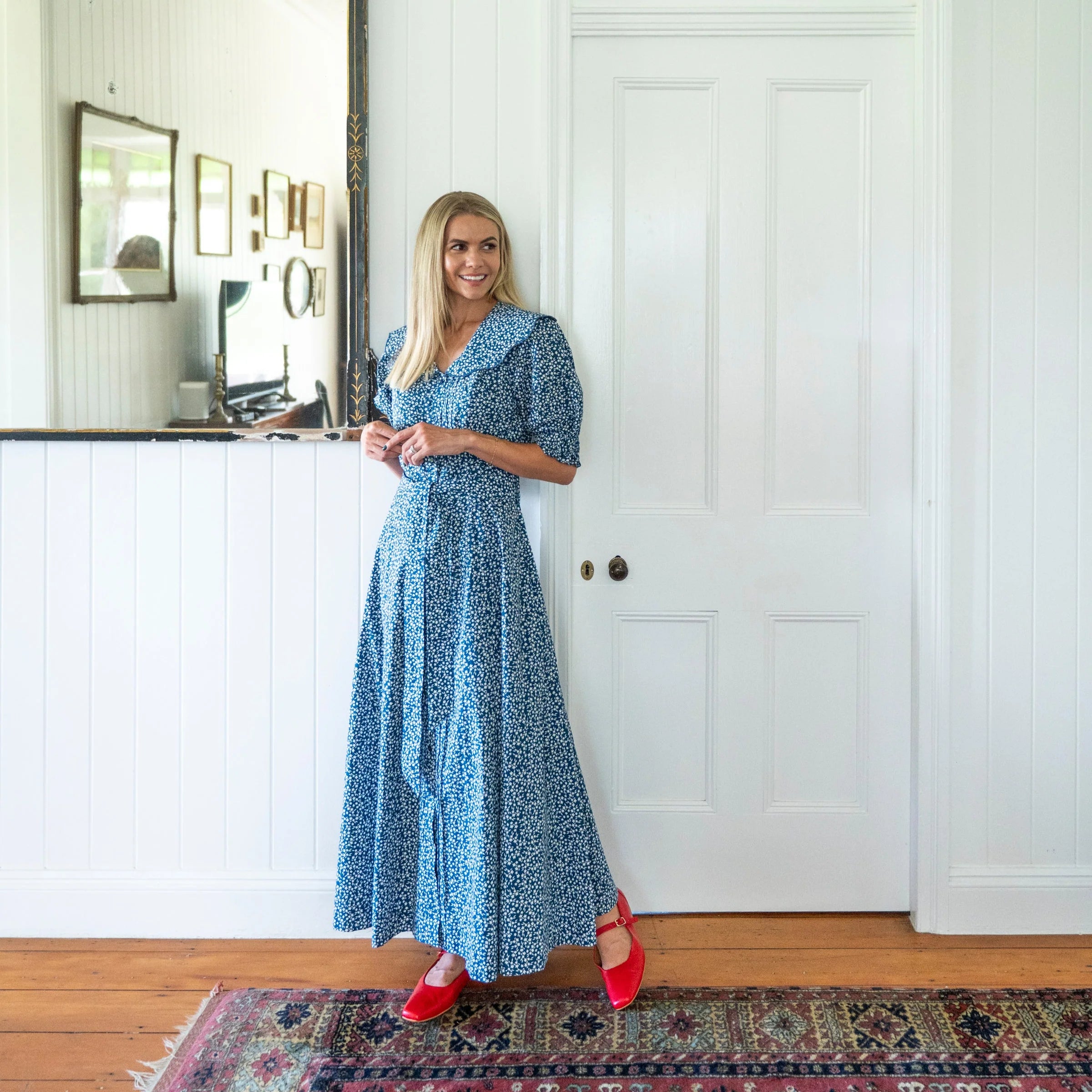 Scalloped Collared Dress 'Navy and White’ floral print