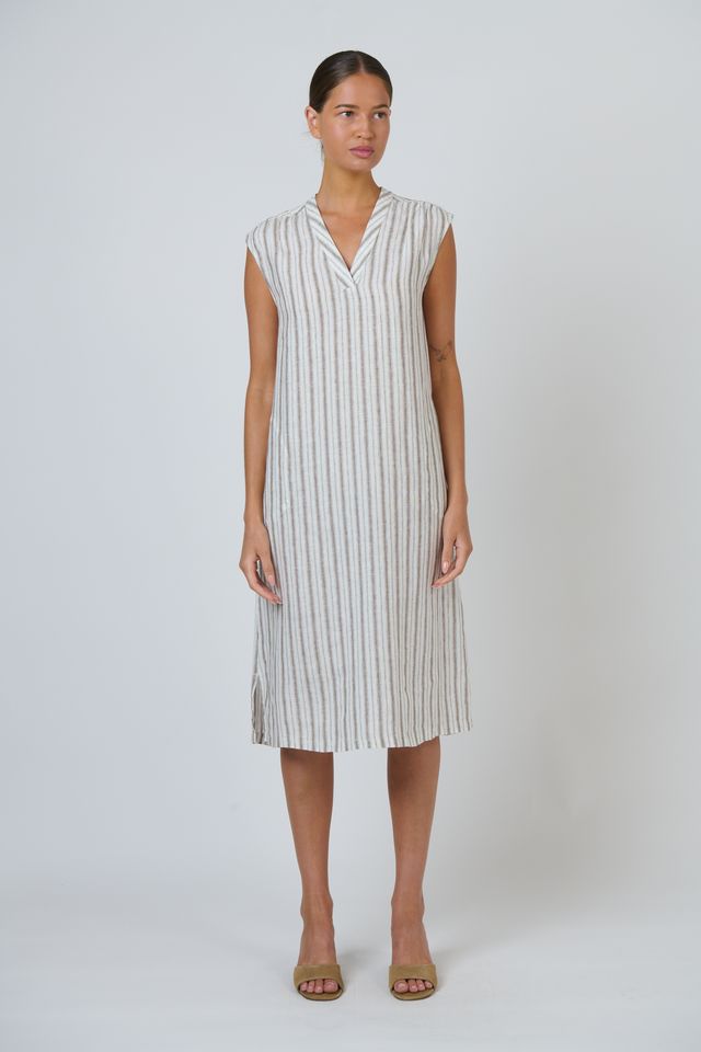 GA601 - Striped Linen Dress - Travertine