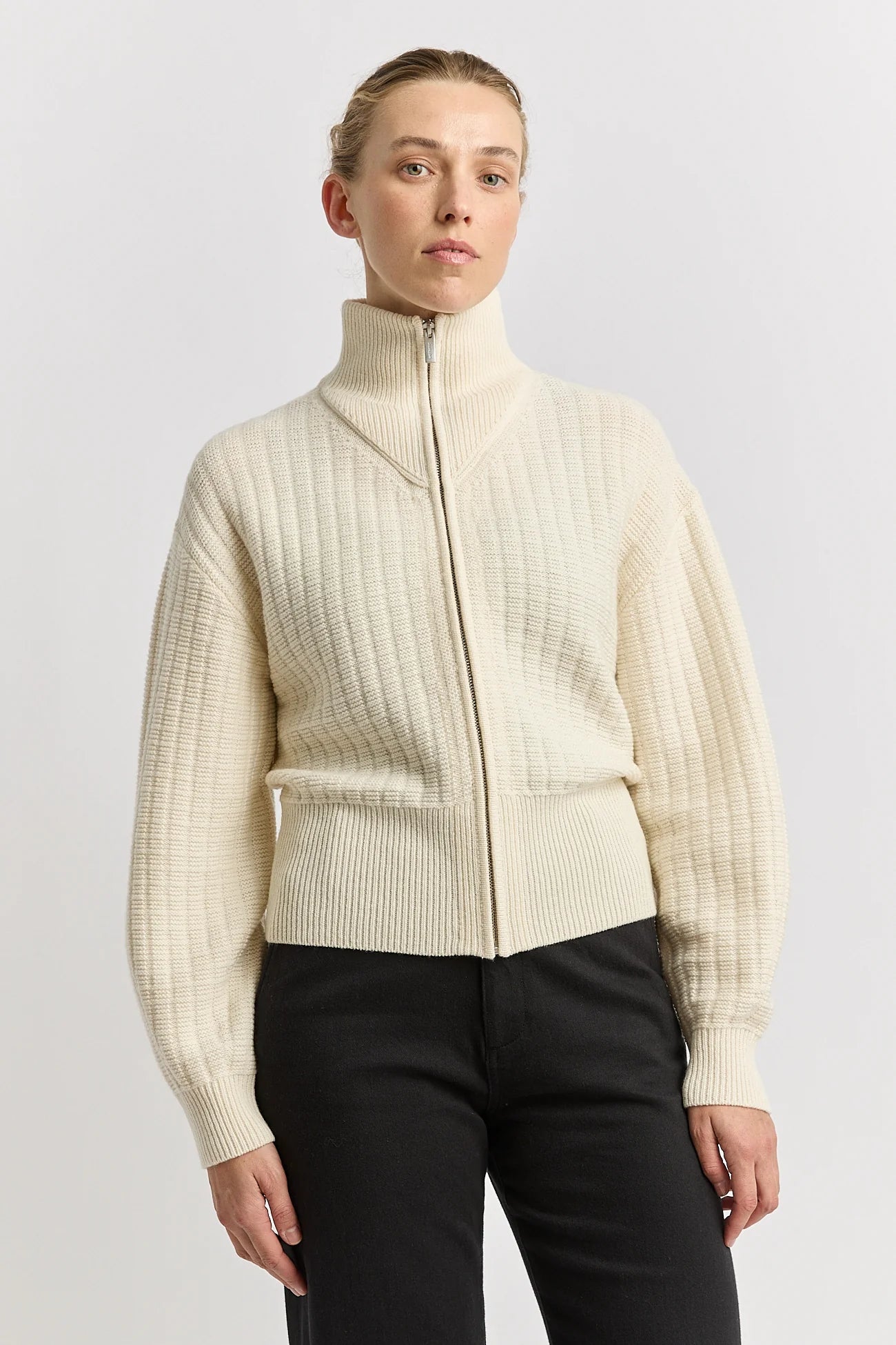 Grid Knit Zip Through - Ivory