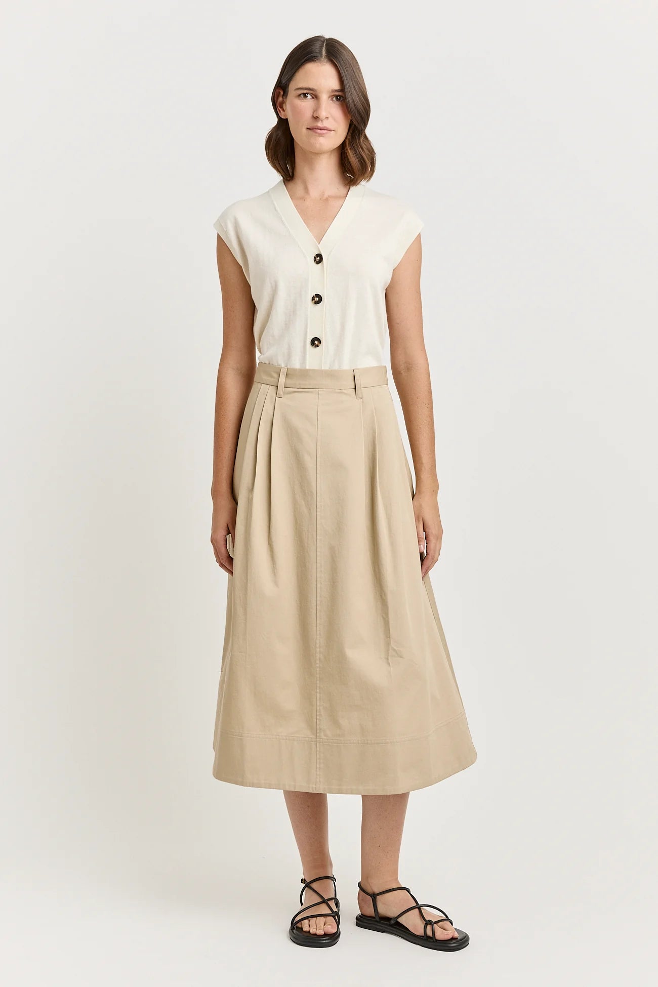 Pleat Detail Midi Skirt - Beige