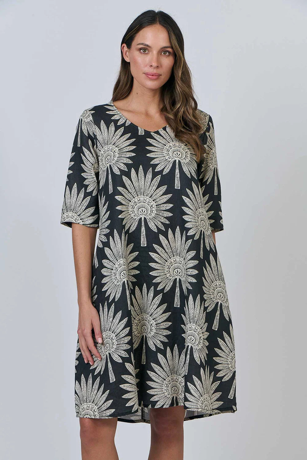 GA526 - Linen 3/4 Sleeve Dress - Date Palm
