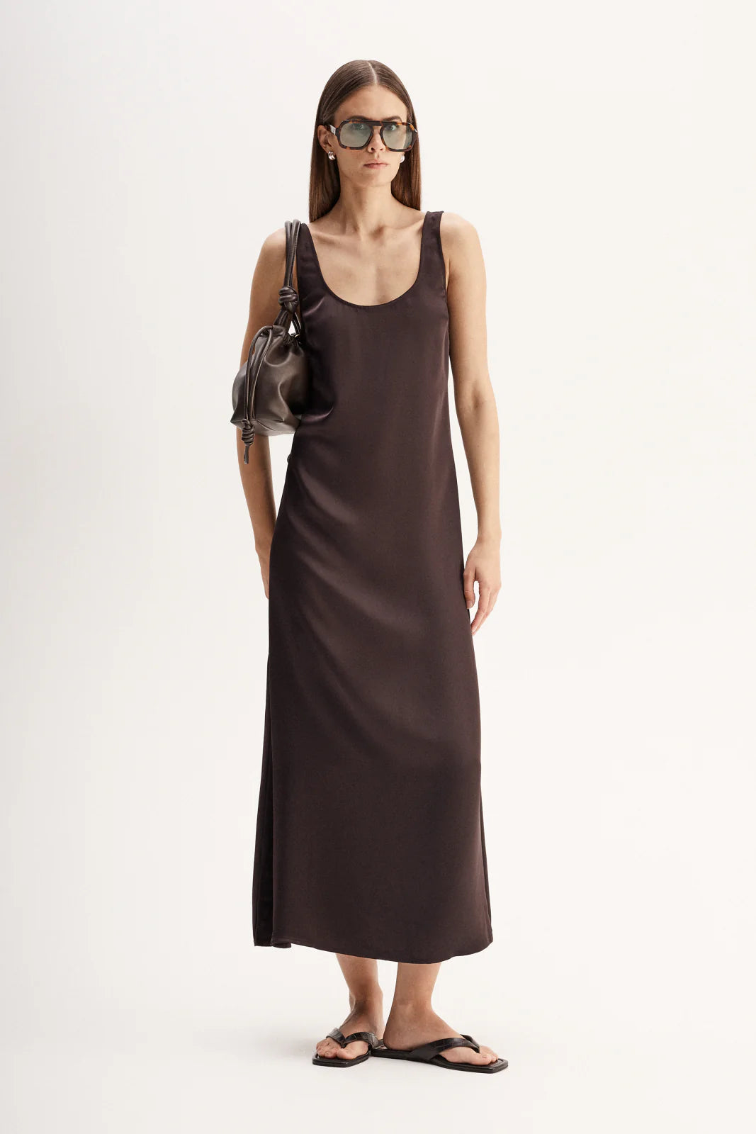 Mina Brown Satin Maxi Dress