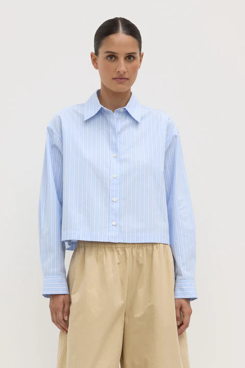Tessa Poplin Cropped Long Sleeve Shirt - Blue Stripe