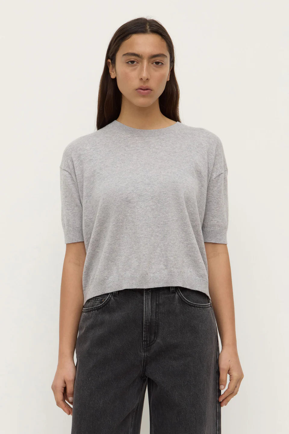 Vanya Cotton Cashmere Knit Tee - Grey Marle