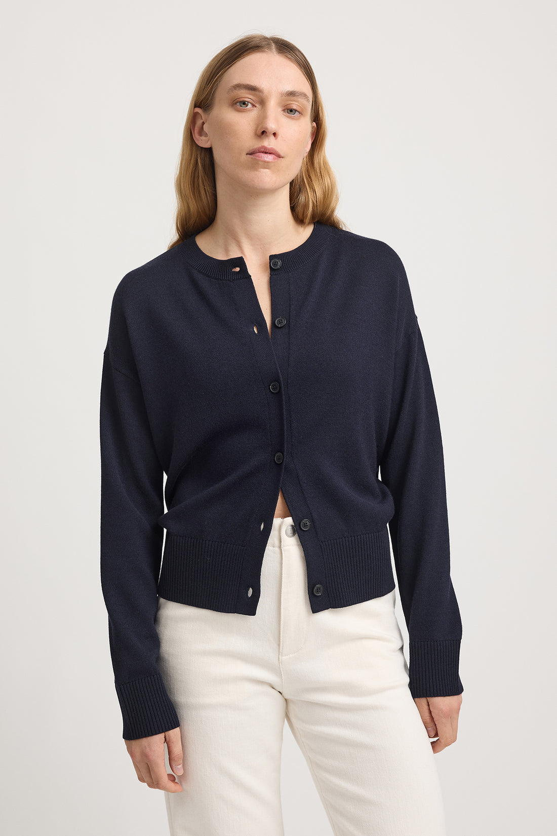 Fine Knit Merino Wool Cardigan - French Navy