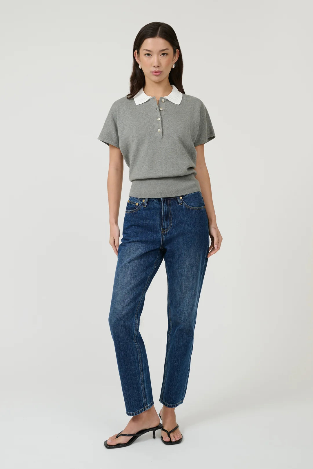 Elia Polo Top - Grey Marle / White