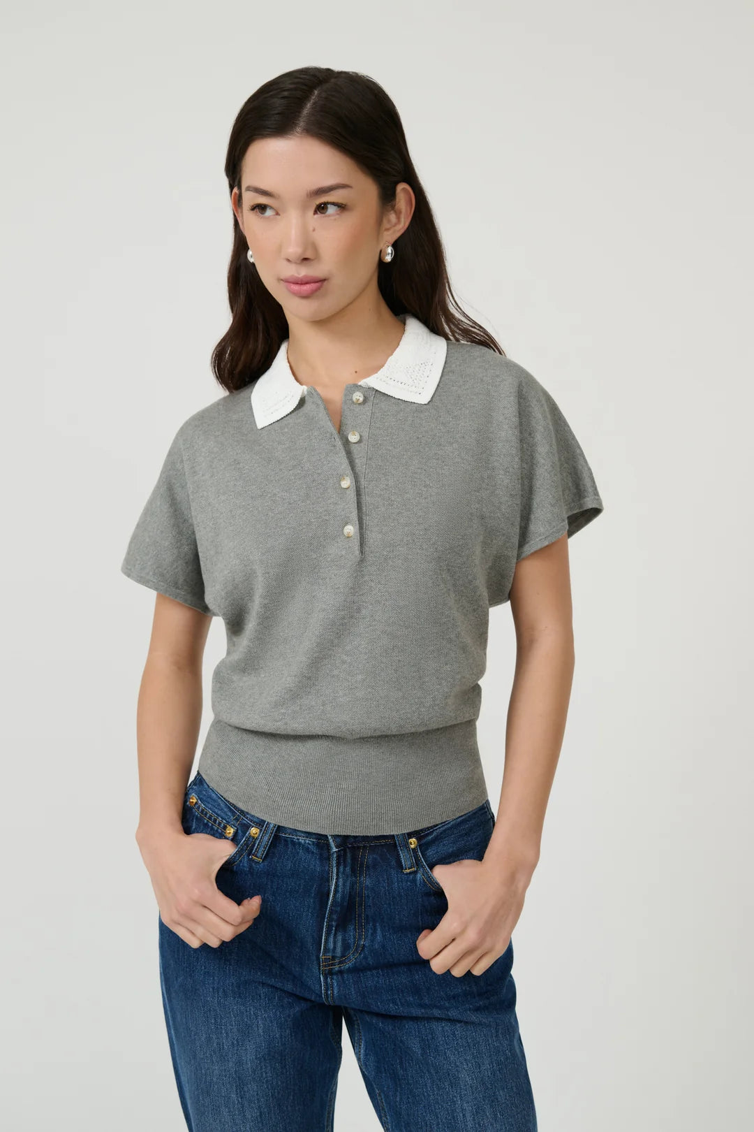 Elia Polo Top - Grey Marle / White