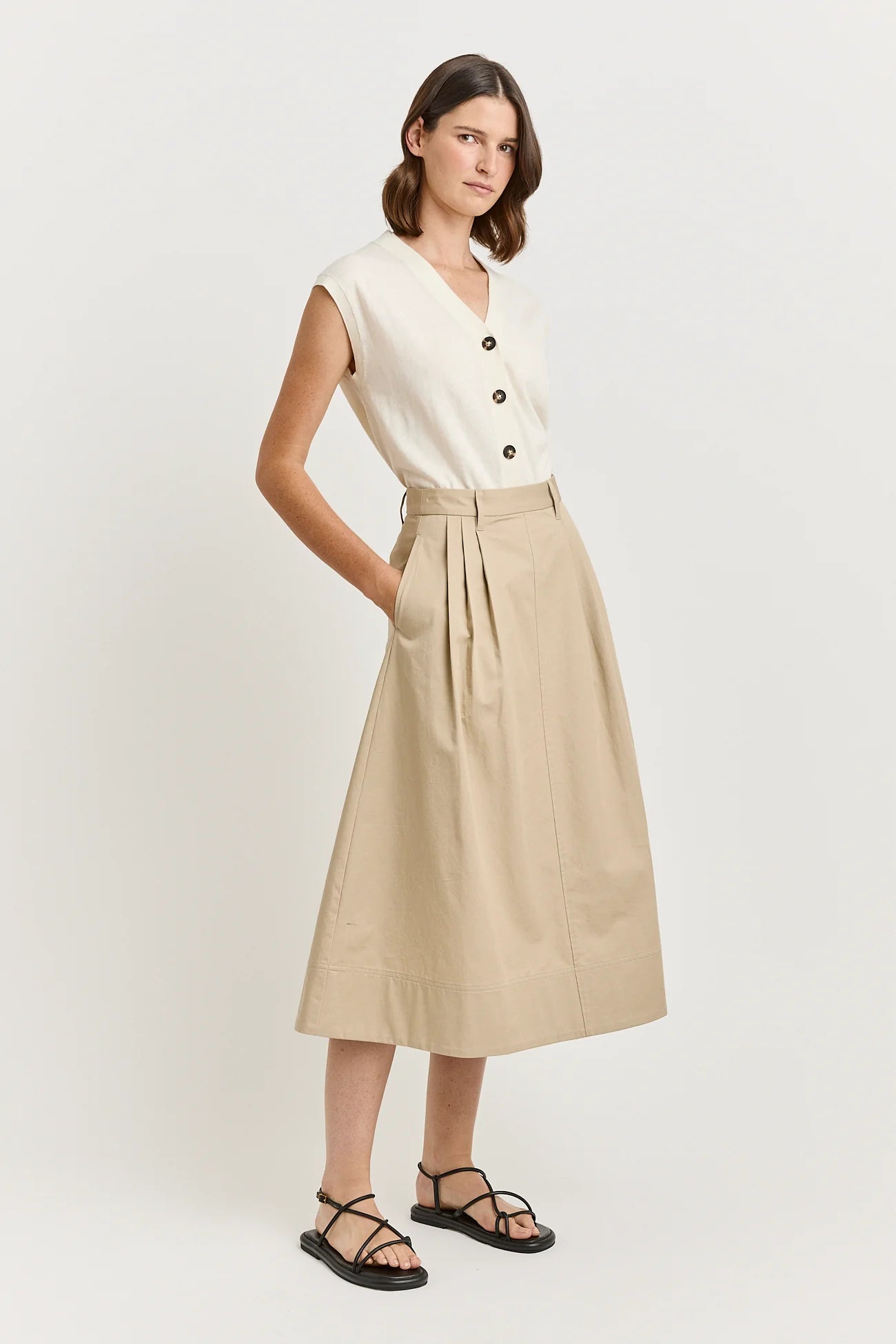 Pleat Detail Midi Skirt - Beige