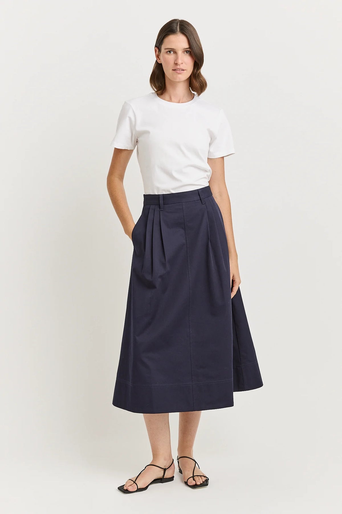 Pleat Detail Midi Skirt - Navy